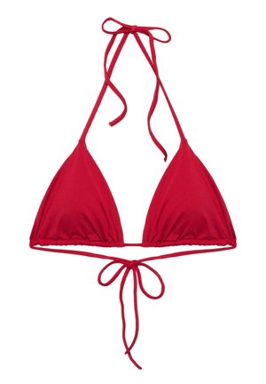Rotes Bikinioberteil in Dreieckform mit Neckholder und Bindverschluss vorne und hinten.