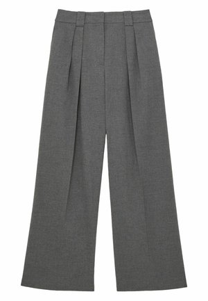 Széles lábú nadrág szürke anyagból, elöl redőkkel és elegáns derékkal. Simább textúra finom mintázattal.