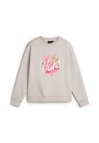 Felpa grigia chiaro con maniche lunghe, scollo rotondo e una grande grafica colorata "Vans" circondata da stelle rosa. Tessuto morbido, vestibilità casual.