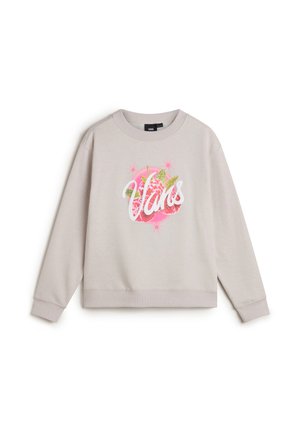 Helles graues Sweatshirt mit langen Ärmeln, rundem Halsauschnitt und einem großen, bunten "Vans"-Grafik, umrandet von pinken Sternen. Weicher Textil, lockere Passform.