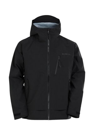 Zwarte waterdichte jas met een ritssluiting aan de voorkant, verstelbare capuchon, zijzakken en een borstzak, met een gladde textuur en modern design.