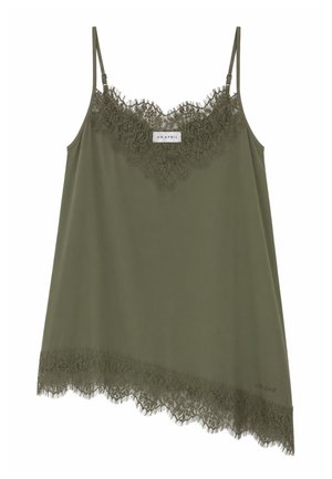 Grøn ærmeløs camisole med blondekant ved udskæringen og kanten, justerbare tynde skulderstropper og et lille centreret mærke nær udskæringen.
