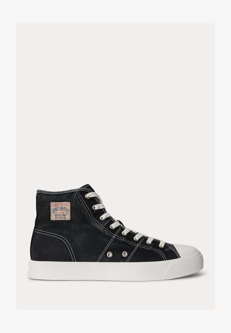 Black high-top canvas sneaker with white laces, white rubber sole, and Polo Country Ralph Lauren fabric logo patch on side.