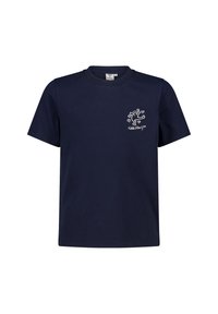 Camiseta azul marino de manga corta con una pequeña figura blanca bailando y texto "Keith Haring" en el lado izquierdo del pecho.
