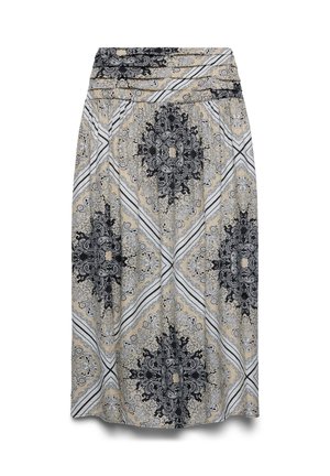 Jupe longueur genou avec des motifs complexes cachemire et géométriques en beige, noir et blanc, et une large ceinture plissée.