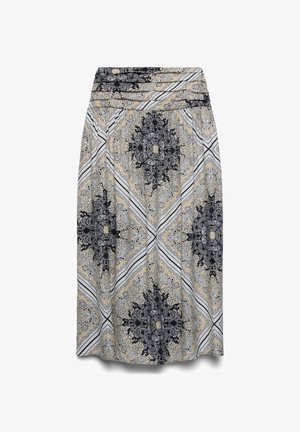 Jupe longueur genou avec des motifs complexes cachemire et géométriques en beige, noir et blanc, et une large ceinture plissée.