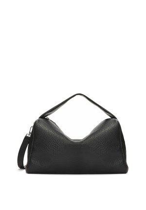 Black textured leather handbag with a short handle and a detachable shoulder strap on a white background.