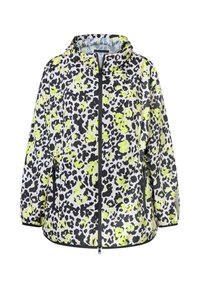 Giacca antipioggia leggera con zip e cappuccio, motivo a stampa leopardata nera e gialla neon, polsini elasticizzati e tasche laterali con zip.
