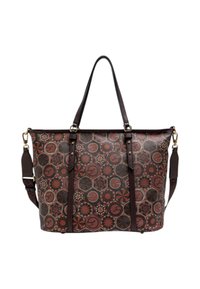 Borsa tote in pelle con motivo geometrico in tonalità terrose, con manici marroni, dettagli metallici e design strutturato.