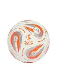 Hvid fodbold med orange og sølv accenter, med en glat tekstur og dynamiske, aerodynamiske mønstre. Viser UEFA Women's Euro branding.