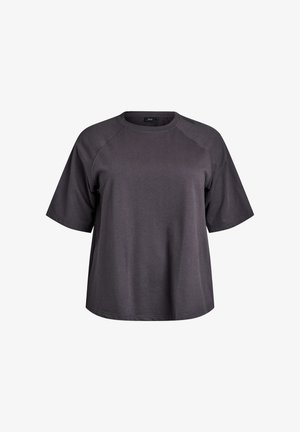 Dunkelgraues, kurzärmliges T-Shirt mit Rundhalsausschnitt und Raglanärmel-Design. Hergestellt aus einem weichen, strukturierten Stoff.