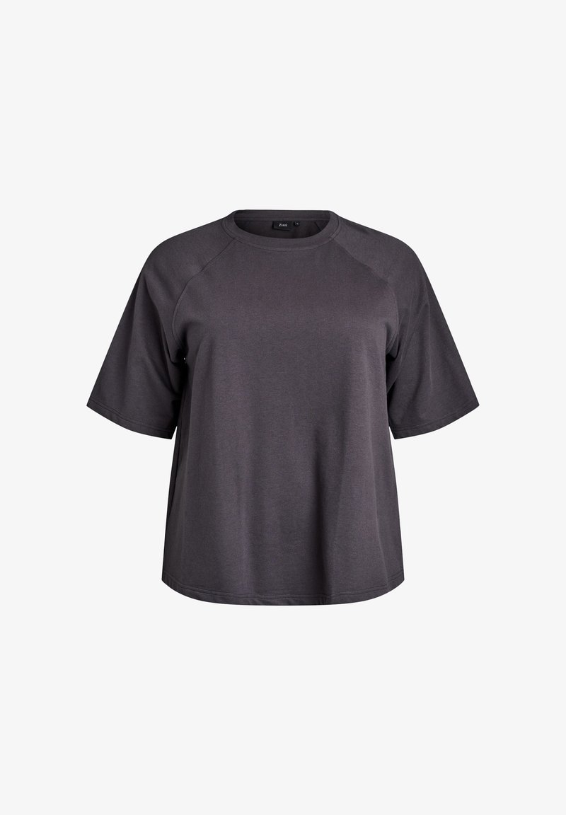 Tumehall, lühikeste varrukatega T-särk ümmarguse kaelusega ja raglanvarrukatega disainiga. Valmistatud pehmest, tekstuuriga kangast.