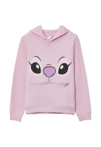 Felpa rosa con cappuccio caratterizzata da un design di faccina da cartone, con grandi occhi e un naso viola. Include una tasca frontale con zip. Tessuto misto cotone.