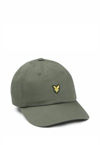 Olijfgroene katoenen pet met een gebogen klep. Voorzien van een zwart-geel geborduurd vogel-logo aan de voorkant.