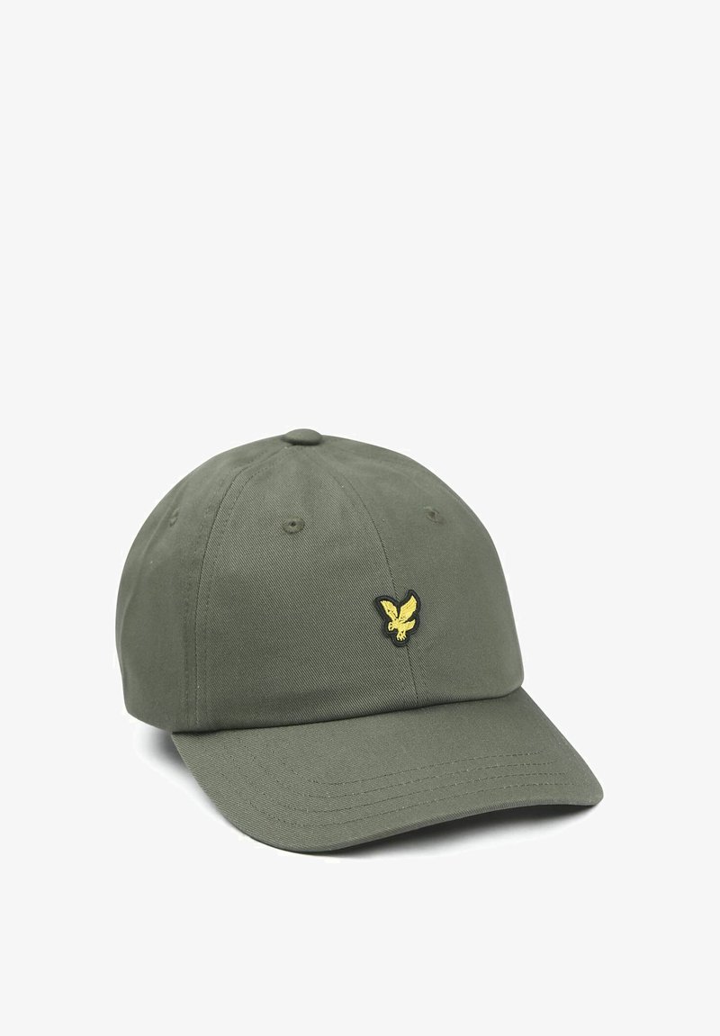 Olijfgroene katoenen pet met een gebogen klep. Voorzien van een zwart-geel geborduurd vogel-logo aan de voorkant.