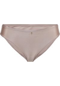 Light mauve women's bikini briefs with subtle horizontal stripes and a small decorative gold charm at the front center waistband.
