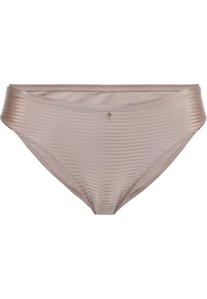 Light mauve women's bikini briefs with subtle horizontal stripes and a small decorative gold charm at the front center waistband.