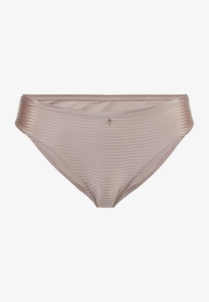 Helle mauve Damenbikinihöschen mit dezenten horizontalen Streifen und einem kleinen dekorativen goldenen Charm in der Mitte des Bunds vorne.