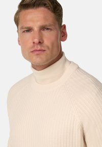 Sweater beige à col roulé côtelé avec une coupe ajustée, présentant un col haut et un tissu texturé, mettant en valeur des lignes douces et des motifs subtils.