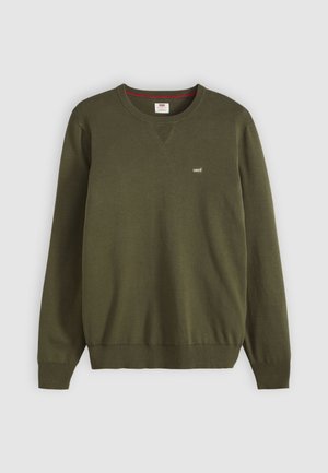 Olive zaļas krāsas garām piedurknēm crewneck džemperis ar ribotām aprocēm un apakšdaļu, mazs Levi's emblēma kreisajā krūtī.