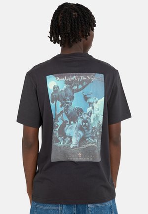 Black cotton T-shirt featuring a colorful graphic print on the back, depicting various animals against a moonlit forest backdrop.