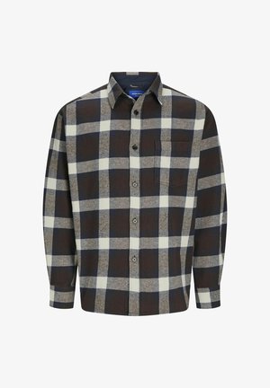 Braun kariertes Hemd mit weißen und blauen Quadraten, lange Ärmel, Knopfverschluss, eine Brusttasche und glatte Stoffoberfläche.
