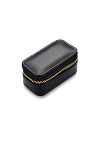 Black leather case with a textured surface, gold zipper, and rectangular shape. Compact design suitable for storage of small items.
