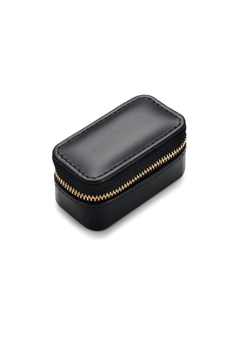 Black leather case with a textured surface, gold zipper, and rectangular shape. Compact design suitable for storage of small items.