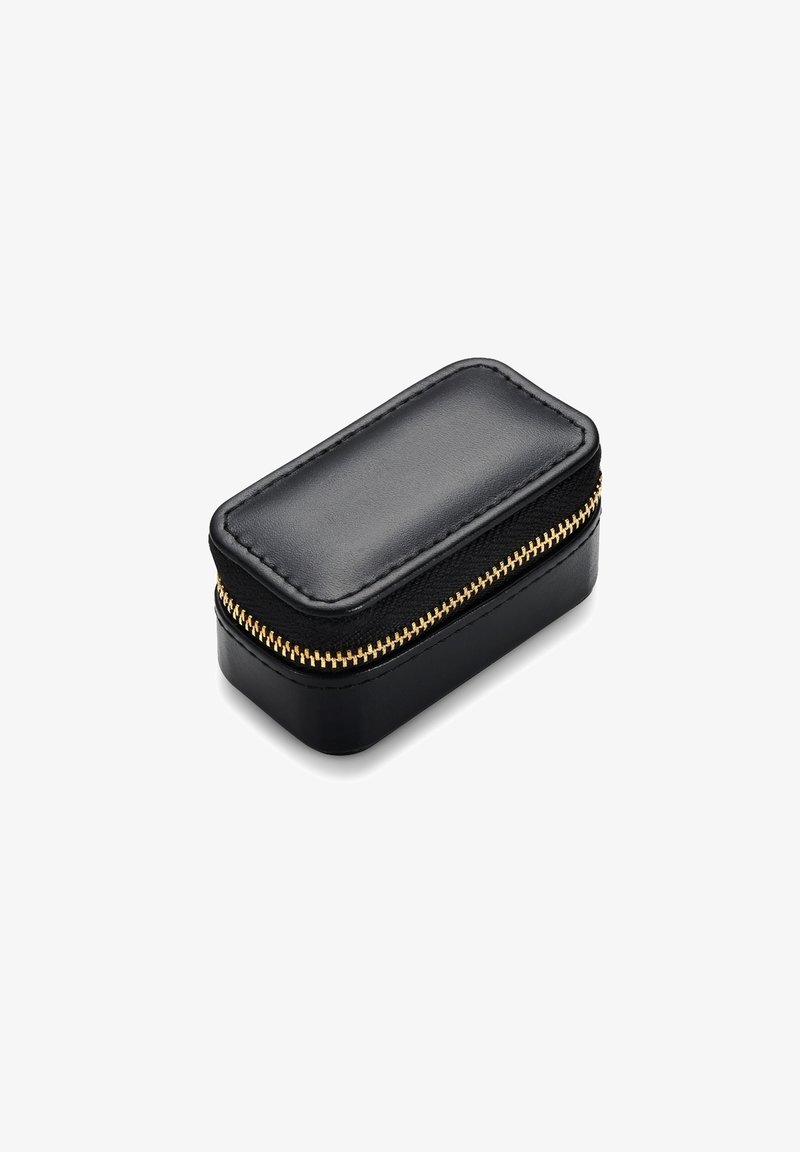 Black leather case with a textured surface, gold zipper, and rectangular shape. Compact design suitable for storage of small items.