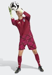 Golman u nogometu odjeven u bordo talijanski dres hvata crno-bijelu loptu s обе ruke podignutima iznad glave, stojeći na sivoj pozadini.