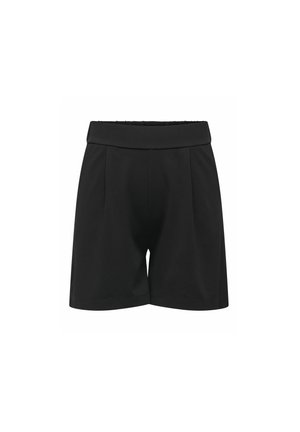 Shorts neri in poliestere con una cintura larga e piatta, caratterizzati da pieghe frontali e da una forma su misura per un fit strutturato.