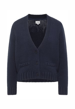 Cárdigan corto azul marino hecho de material de punto texturizado, con un cuello en V, cuatro botones y dos bolsillos frontales.