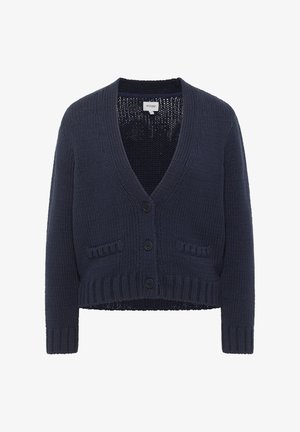 Tumedat sinine lühike kardigan, mis on valmistatud tekstuurses kudumismaterjalis, V-kaelusega, nelja nööbiga ja kahe esipocketiga.