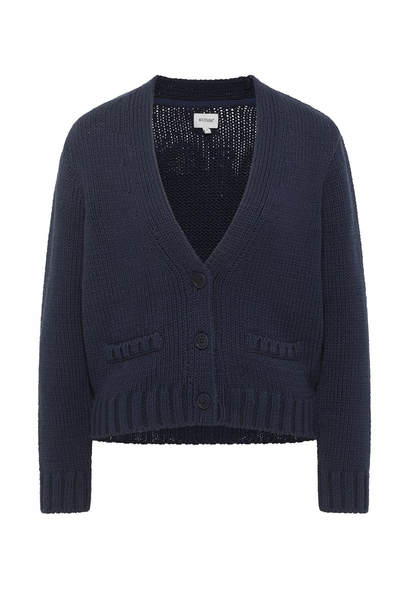 Marineblaue, verkürzte Strickjacke aus strukturiertem Material, mit V-Ausschnitt, vier Knöpfen und zwei vorderen Taschen.