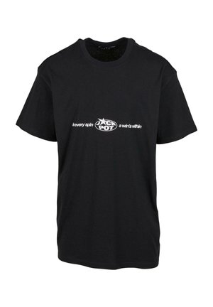 Czarny bawełniany t-shirt z okrągłym dekoltem i krótkimi rękawami, z białym napisem "JACKPOT" oraz dodatkowymi frazami w pogrubionej, bezszeryfowej czcionce.