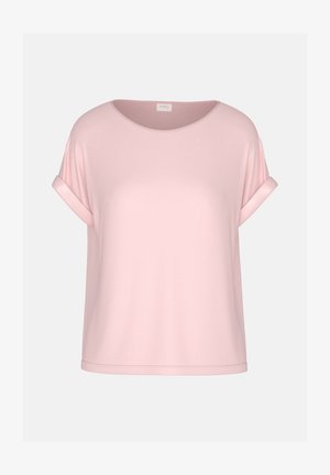 T-shirt rosa chiaro a maniche corte con scollo rotondo. Tessuto morbido con orli arrotolati e vestibilità rilassata. Texture liscia, design semplice.