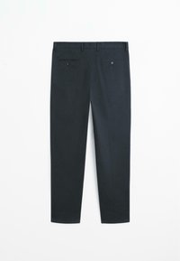 Tmavě modré kalhoty z hladké látky, úzkého střihu, s dvěma zadními kapsami na knoflíky a čistým, minimalistickým designem.