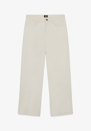 Beiga breda byxor i bomull, med knappstängning, fem fickor och sydda detaljer längs sömmarna.