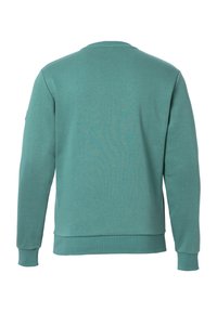 Mintgroene sweatshirt, ronde hals, lange mouwen, ribgebreide manchetten en onderkant. Glad katoenmateriaal, eenvoudig ontwerp zonder zichtbare logo's of patronen.
