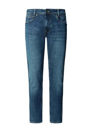 Mörkblå denimjeans med rak bendesign, smal passform, femficksdesign och gyllene sömdekorationer längs sömmarna.