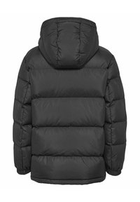 Svart puffjacka med huva, quiltad design och elastiska ärmslut. Materialet verkar slätt med en lätt och isolerad struktur.