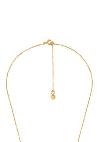 Collana di catena in oro con un design delicato, dotata di un gancio a molla e un piccolo ciondolo con dettagli incisi. Texture liscia e lucida.