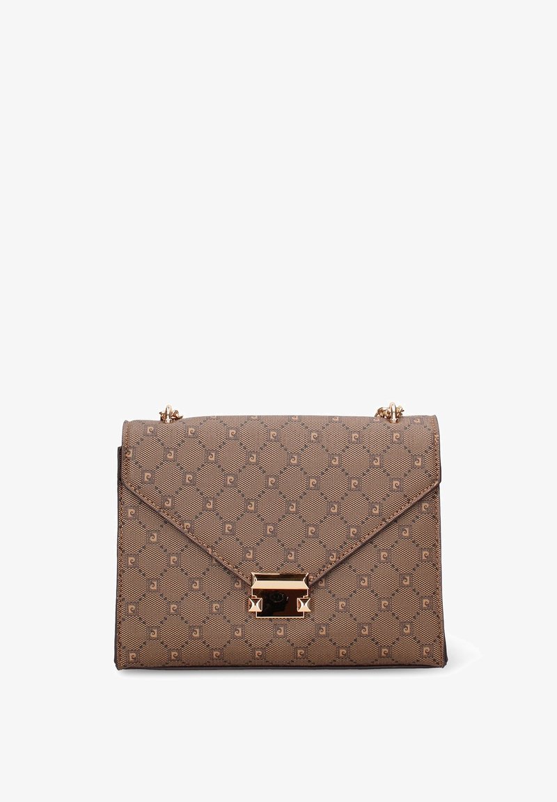 Borsa marrone con motivo a fantasia e design strutturato, dotata di chiusura in tonalità oro e tracolla a catena. La texture è liscia e resistente.