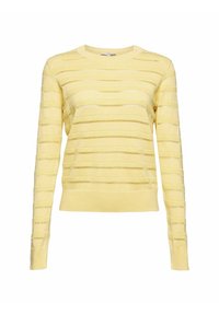 Keltainen neulottu neulepusero, jossa vaakaraidat ja avoin neulos. Pitkät hihat, pyöreä pääntie ja resorireunus. Kevyt rakenne.