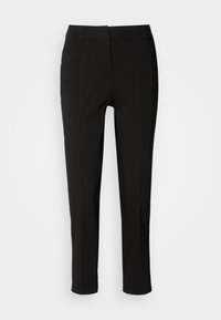 Pantalons noirs ajustés avec une texture lisse, présentant une coupe droite, des plis avant et une taille discrète sans matériel visible.