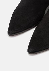 Bottines en suede noir avec un design à bout pointu et une texture lisse, dotées d'une semelle plate et de détails matériels minimalistes.