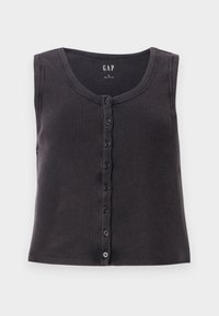 Ärmlös svart ribbat stickad topp med rund halsringning och knappstängning framtill med sex mörka knappar.