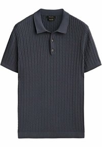 Short-sleeve polo shirt in dark gray, featuring a textured ribbed pattern, three-button placket, and a knitted collar and cuffs.