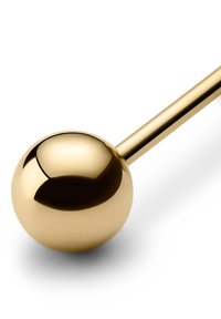Guldfarvet metalværktøj med en glat, rund ende og et slankt håndtag, der har en reflekterende, poleret overflade.