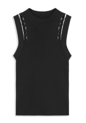 Černý bezrukávový žebrovaný top s ozdobnou krajkou zdobenou korálky podél švů na ramenech a kulatým výstřihem.